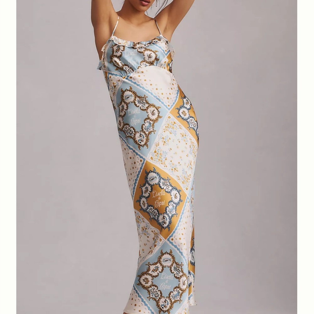 Reformation Aribella Silk Blue and Gold Patterned Long Dress size M